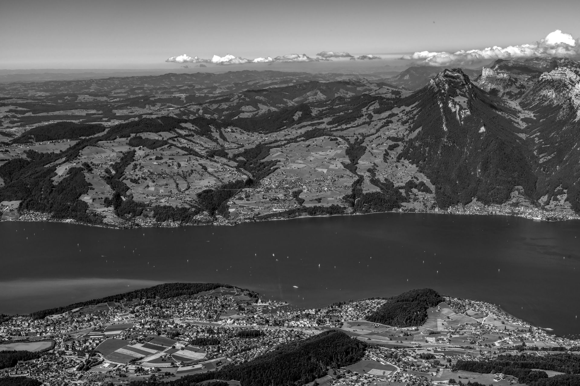 Aerial view of a Swiss lake and mountains near Lucerne